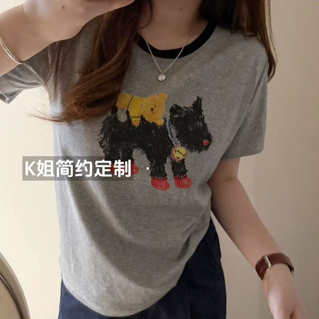 GTNER“KK定制”小狗印花拼接圆领短袖T恤女夏季显瘦百搭上衣D1810