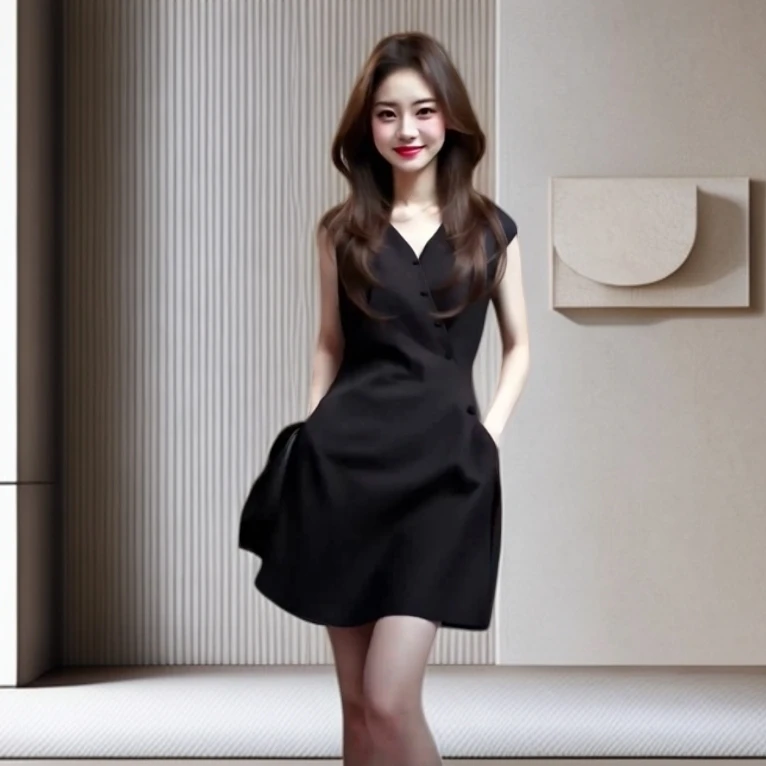 V领收腰夏季法式拼接连衣裙背带裙韩版纯色夏季无袖裙子小个子