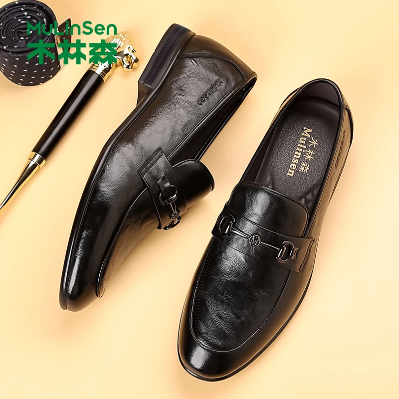 木林森皮鞋上班工作商务豆豆鞋新款一脚蹬套脚真皮2025正装