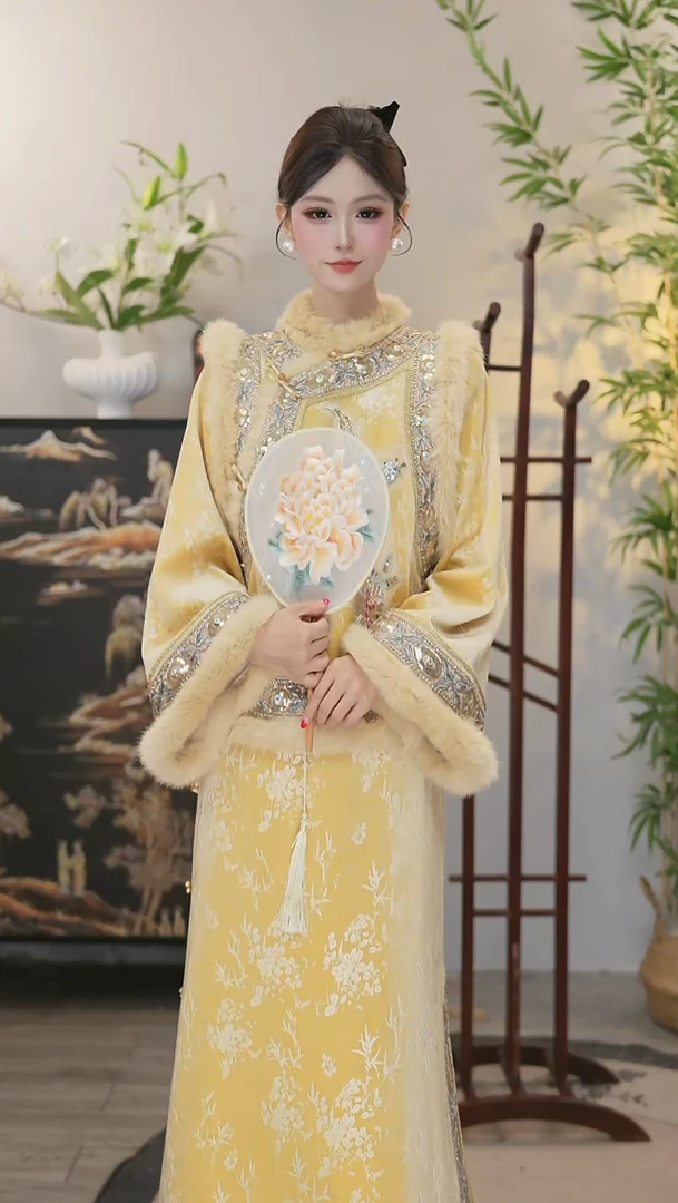 夏维莲2025冬季装时尚加绒中式黑色显瘦中长款裙子（6977+6987）
