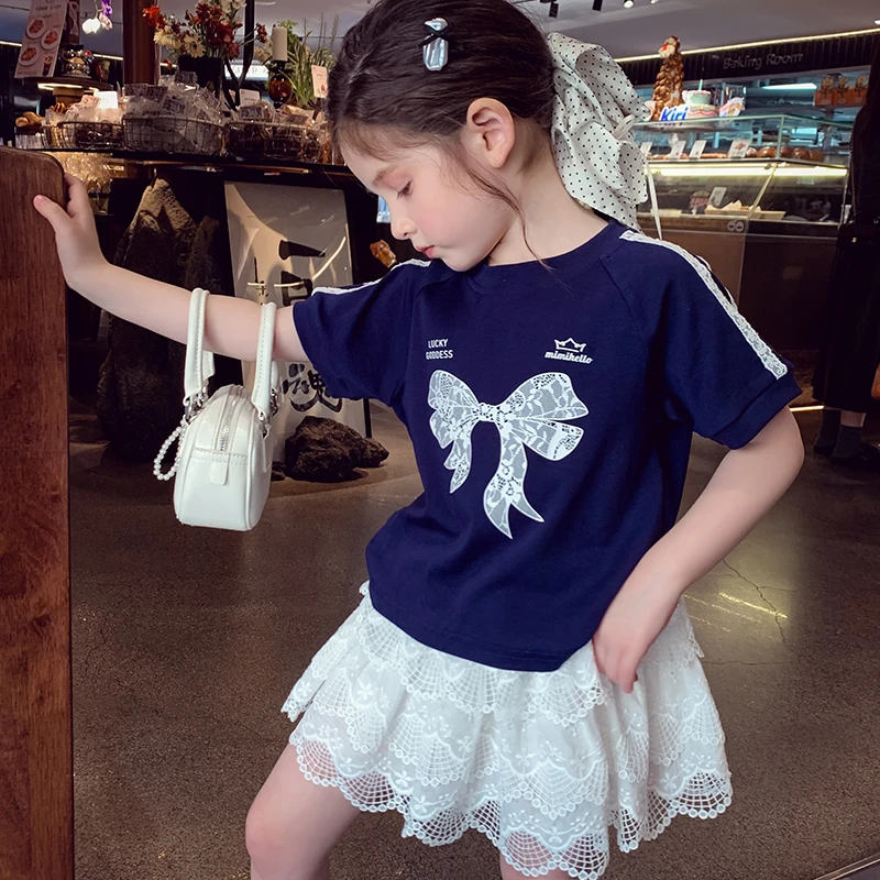 【年中浮力】米米哈罗女童时髦芭蕾风蕾丝蝴蝶结短袖T恤上衣 X25339