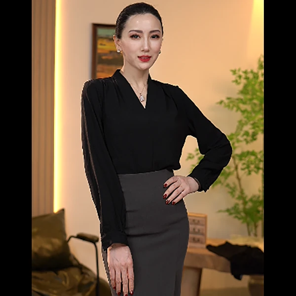 黑色气质衬衫女2025新款修身通勤高级感设计感小众衬衣女上衣职业