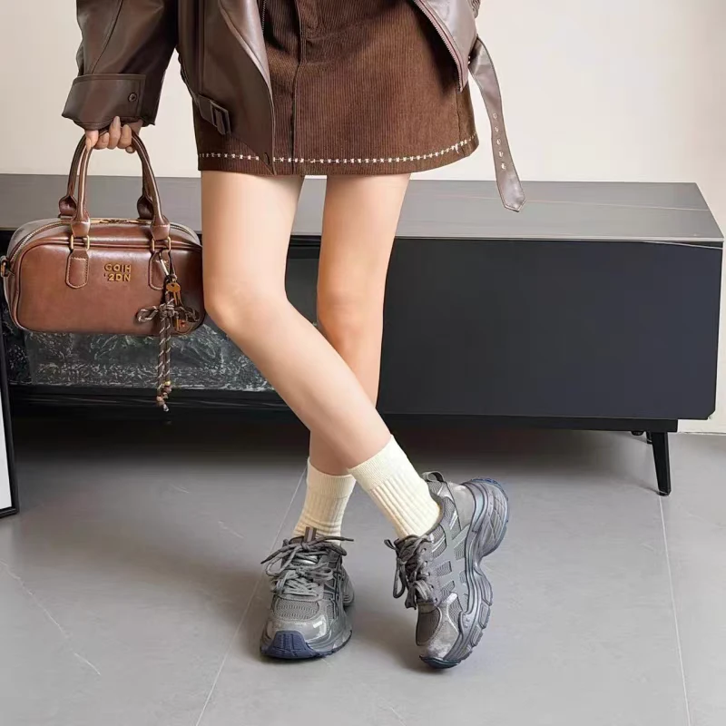 加绒真皮厚底老爹鞋女2025秋季新款复古百搭轻便舒适休闲运动鞋