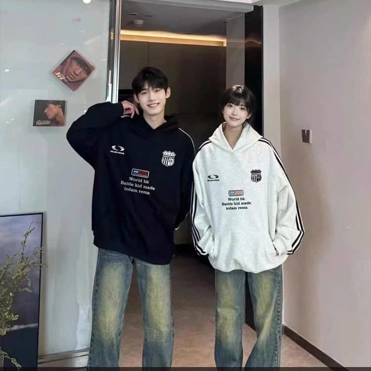 美式复古印花连帽套头卫衣情侣秋冬季加绒三条杠长袖大码外套潮男