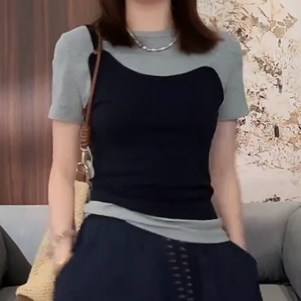夏装2025年新款小众设计假两件短袖t恤上衣