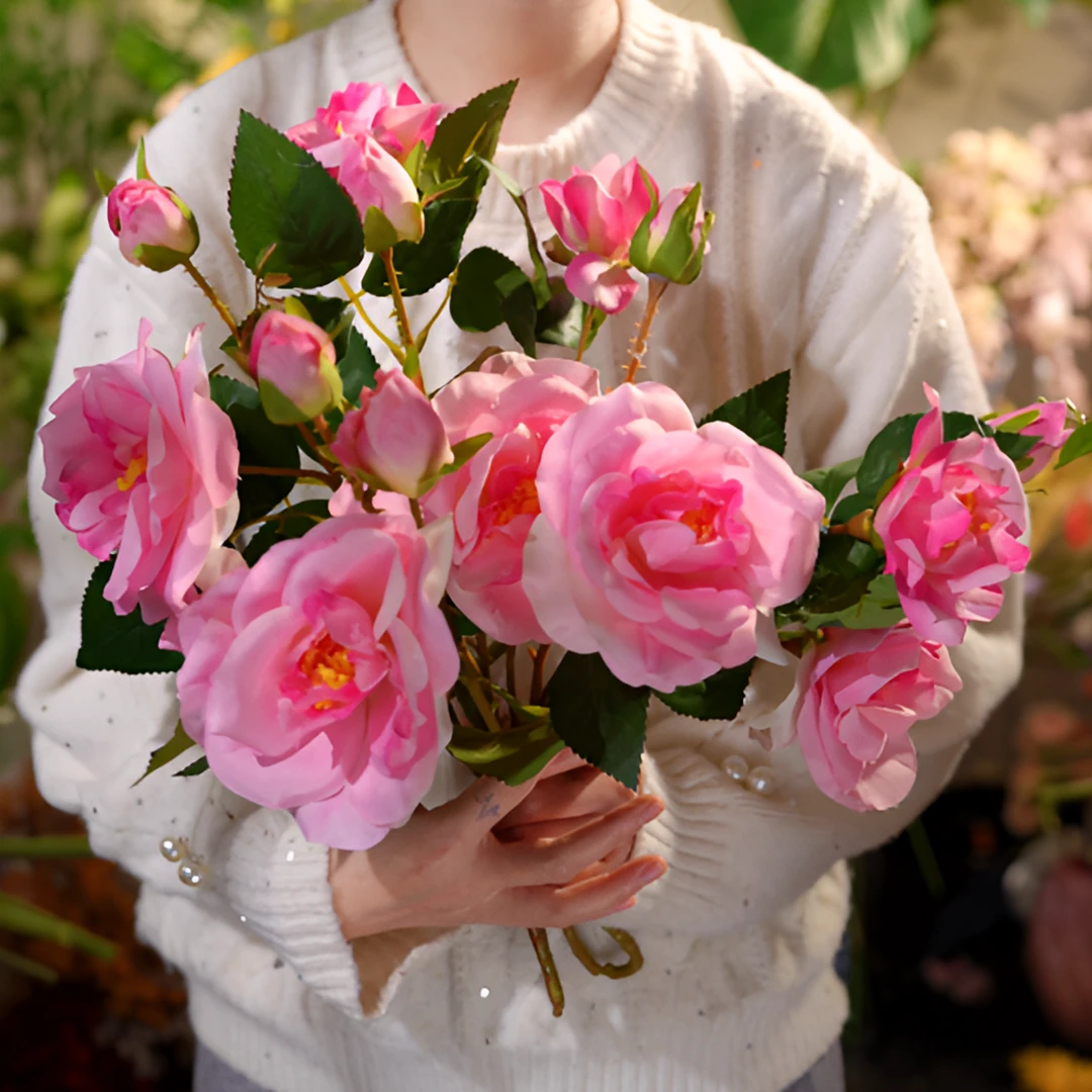 【桃夭】粉色山茶花5头山茶玫瑰仿真花温柔粉色系家庭装饰