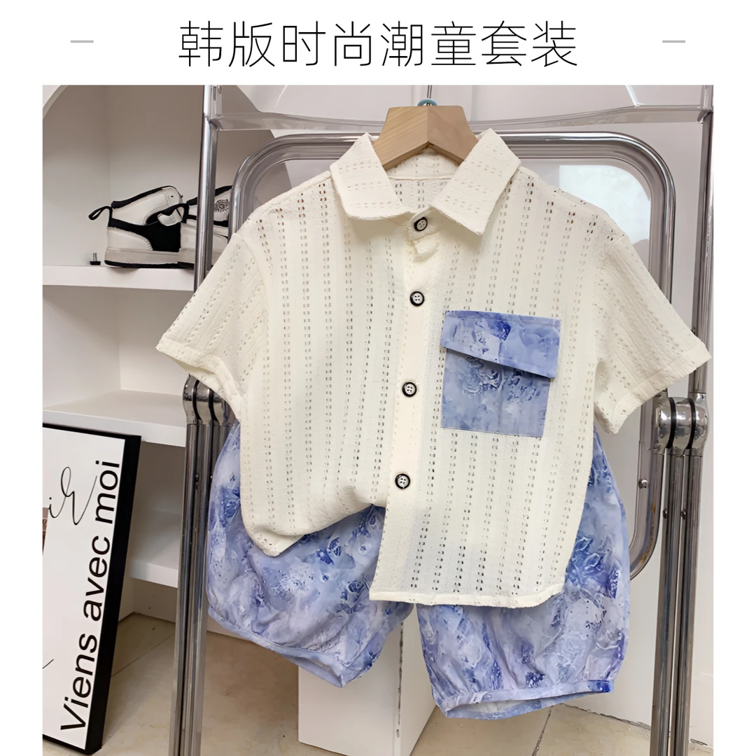 儿童夏款衬衫套装男童透气镂空短袖衬衫五分裤两件套潮童时尚套装