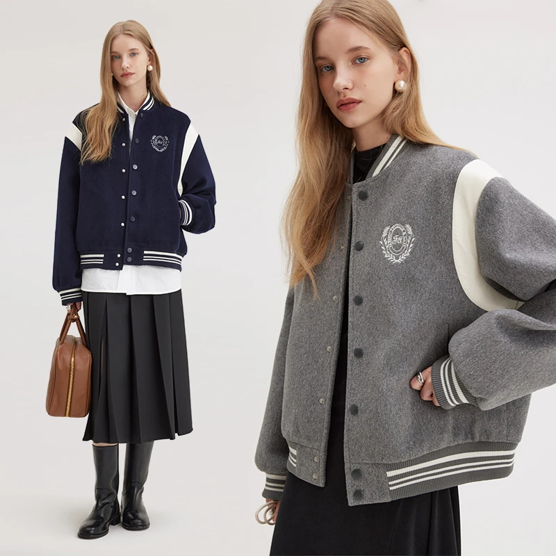 范洛冬季夹克短外套女加厚复古学院球服外套FD23W015
