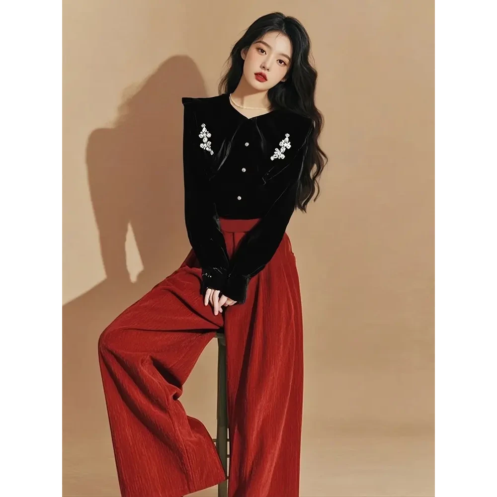 2025秋冬新款韩系一整套复古黑色翻领丝绒上衣时尚阔腿裤两件套装