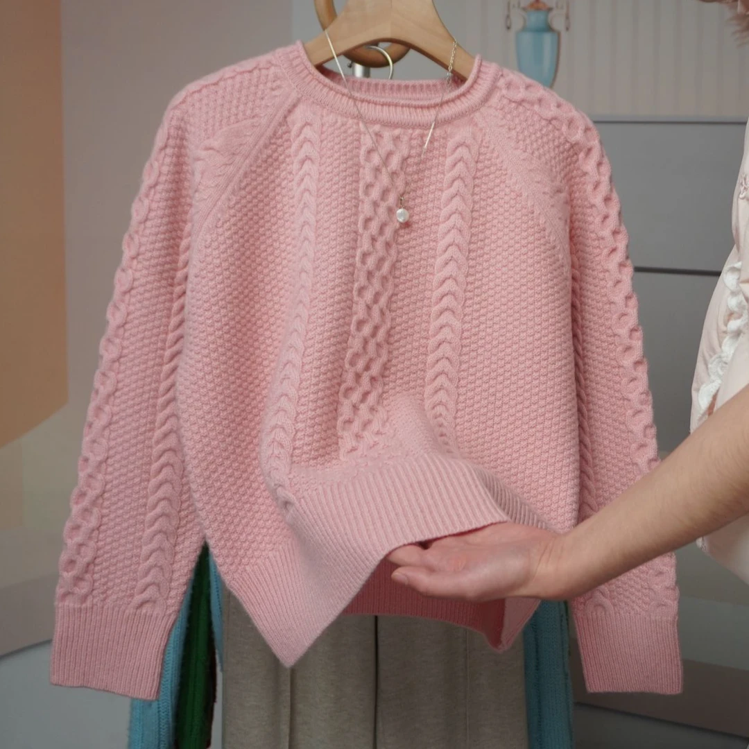 韩版粉色秋冬加厚宽松百搭时尚麻花毛衣