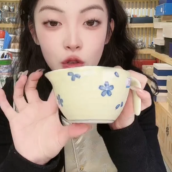 【单支】日本进口有田烧小蓝樱黄色手柄碗