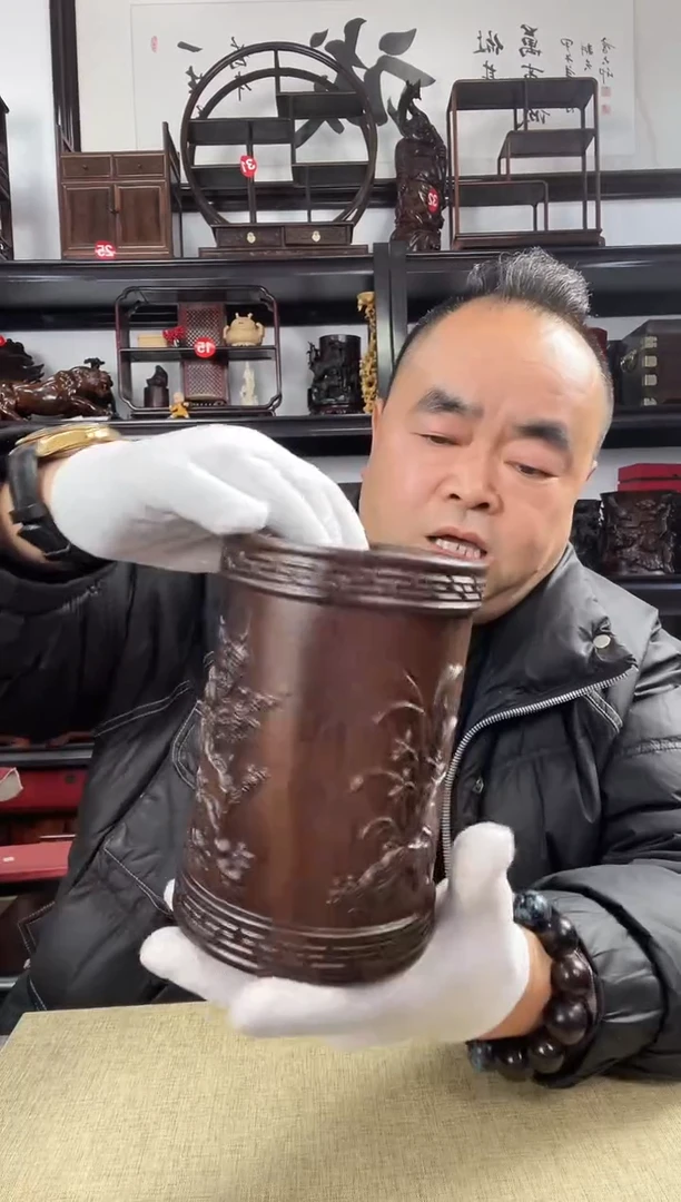 木老李红木工艺品梅兰竹菊笔筒