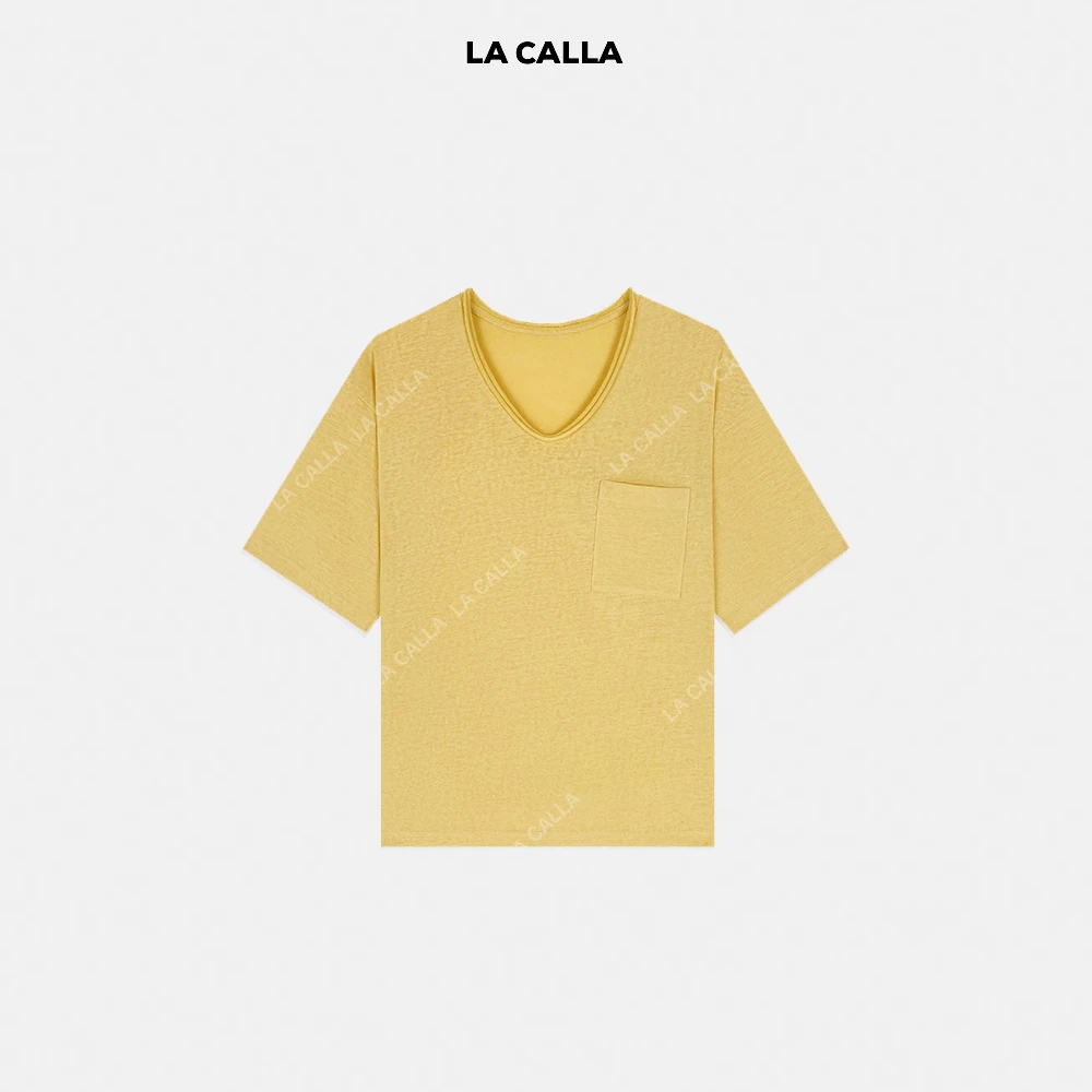 LA CALLA双卷领口袋T日系极简纯色T恤YY51-2189