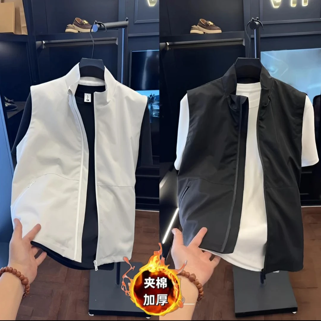秋冬新款男士夹棉加厚高端立领款拉链纯色休闲雅痞男款马甲修身型