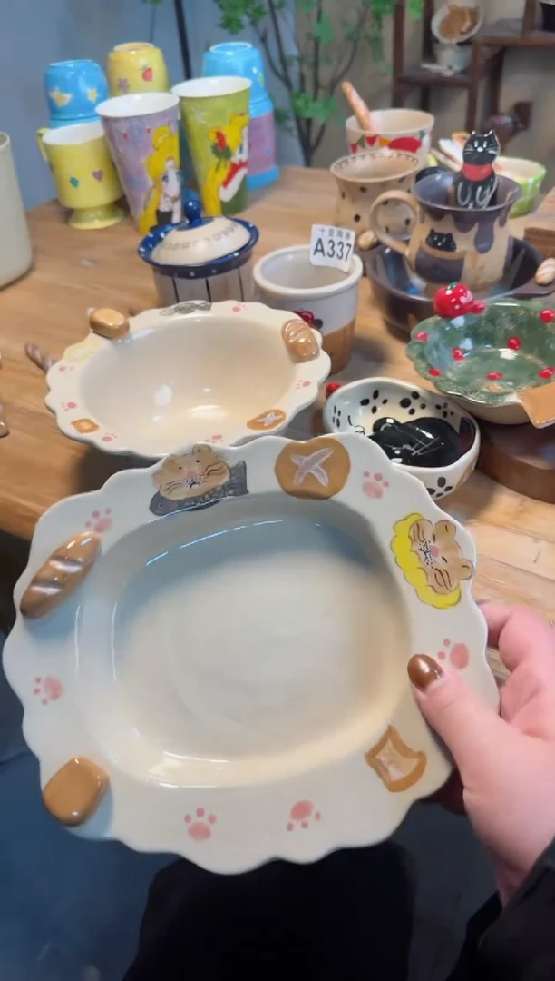 【闪购商品】面包猫咪草帽盘高温瓷器