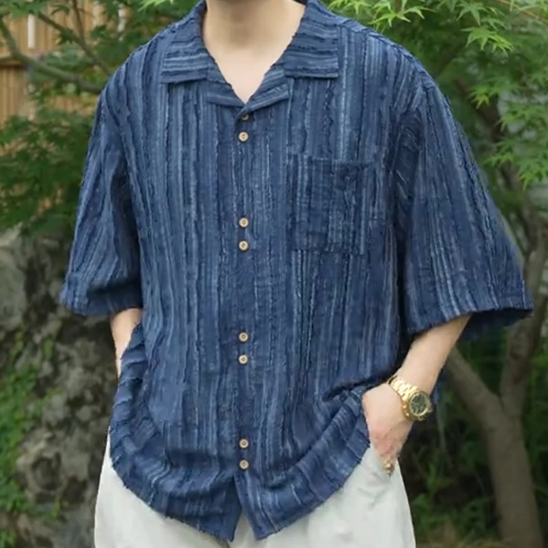 夏季新款复古条纹肌理感宽松休闲轻薄透气短袖花衬衫男