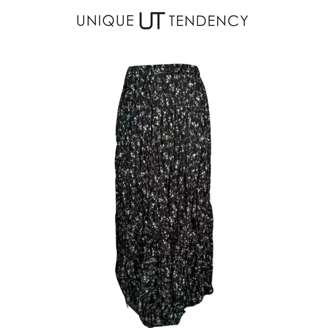 UNIQUE UT TENDENCY黑色小碎花扇形半裙休闲气质夏季显瘦