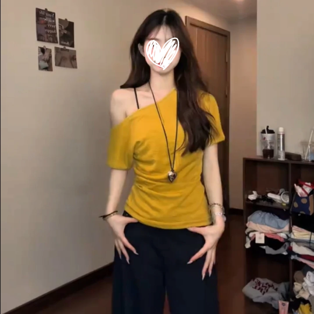 YIDENG甜妹风短袖圆领斜肩T恤夏季新款修身显瘦百搭夏天上衣