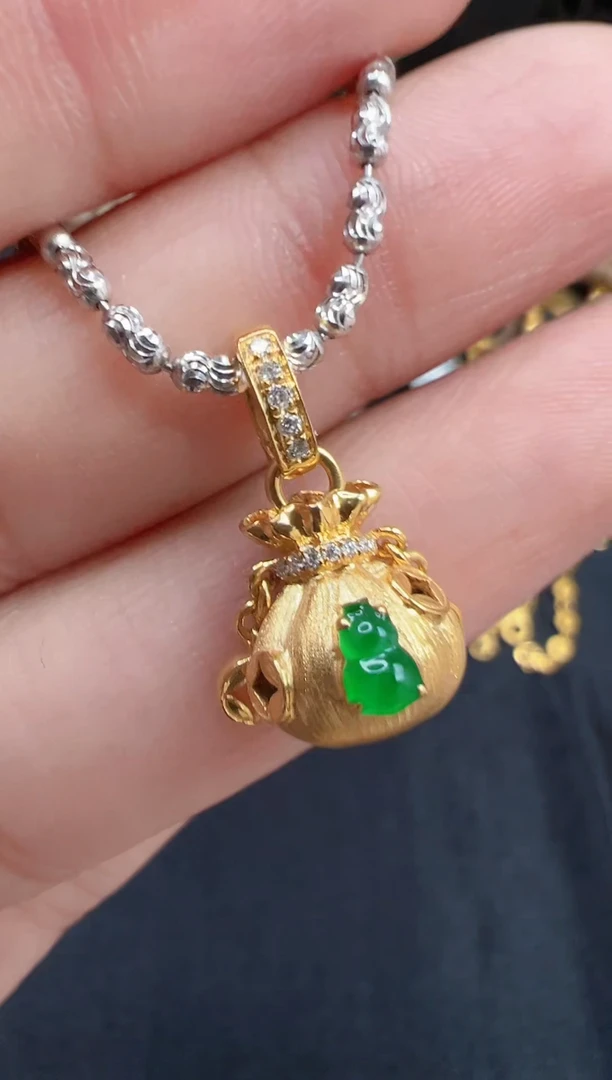 吊坠(不含链)18K金镶嵌翡翠玻璃种帝王绿葫芦钱袋子小滴溜