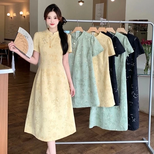 （80-200斤）大码胖mm新中式短袖连衣裙夏季新款收腰别致a字裙1871