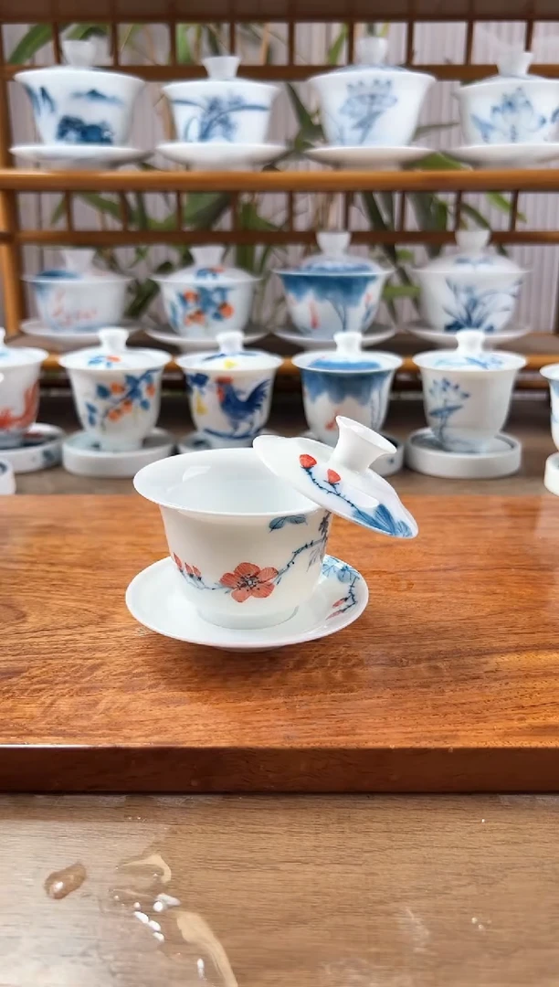 微瑕山茶花三才小马蹄盖碗