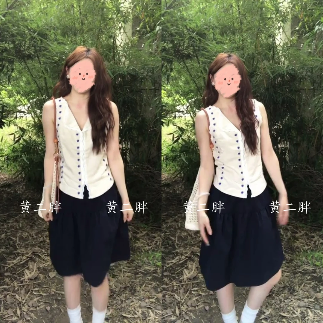 法式甜美蕾丝边翻领无袖上衣高腰半身裙两件套女夏季新款纯欲套装