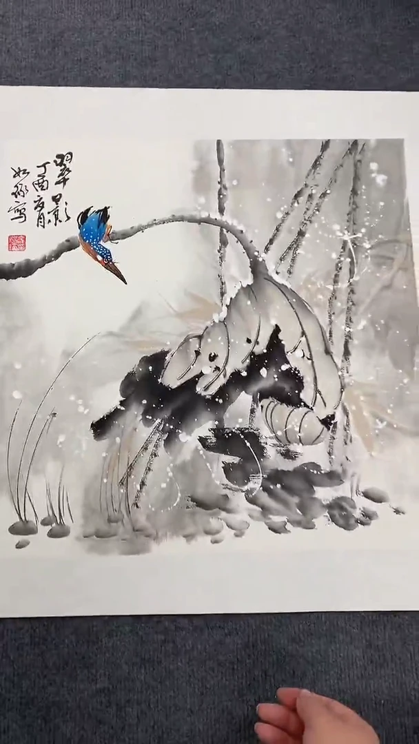 竖款精品斗方花鸟荷花，翠影