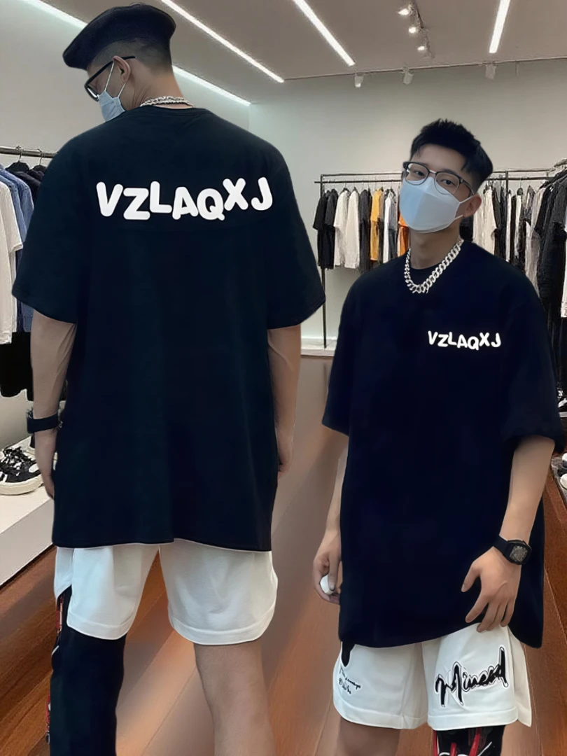 高街潮牌纯棉短袖T恤男款夏季美式复古hiphop嘻哈正肩半袖上衣服
