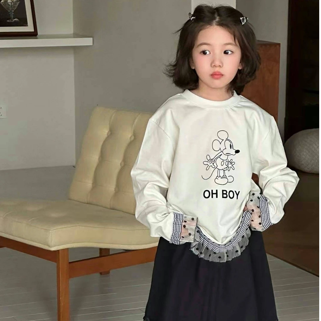 熙爱2025早春新款韩版卡通米奇波点蕾丝花边宽松长袖25858