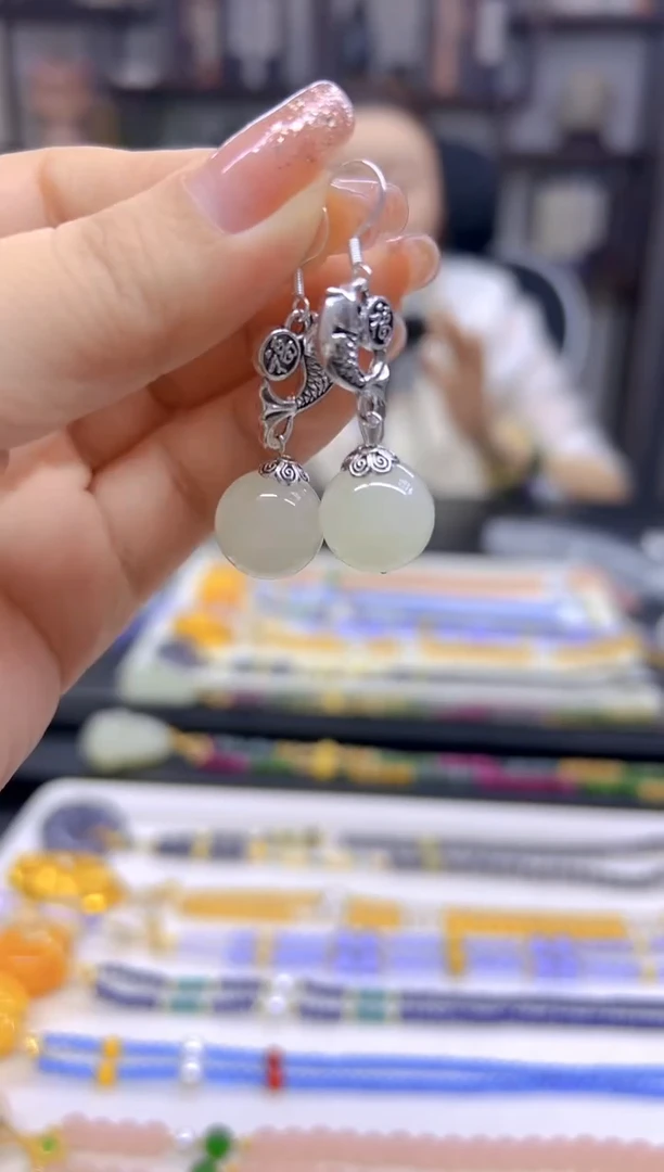 和田玉银S925镶嵌耳饰DIY款E783