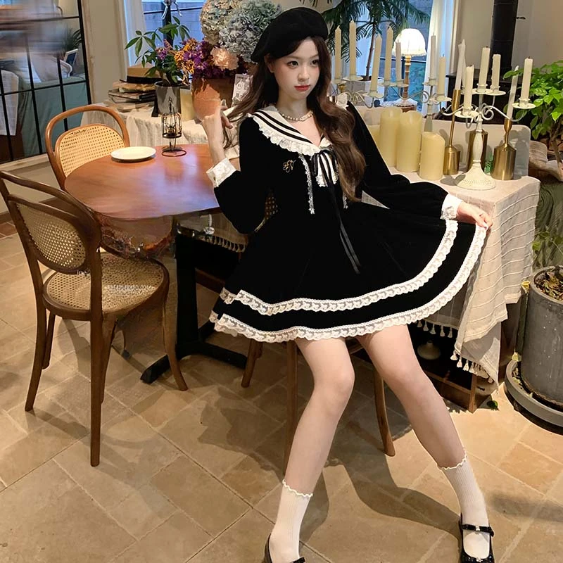 学院风撞色减龄海军领蓬蓬连衣裙显瘦TX0278