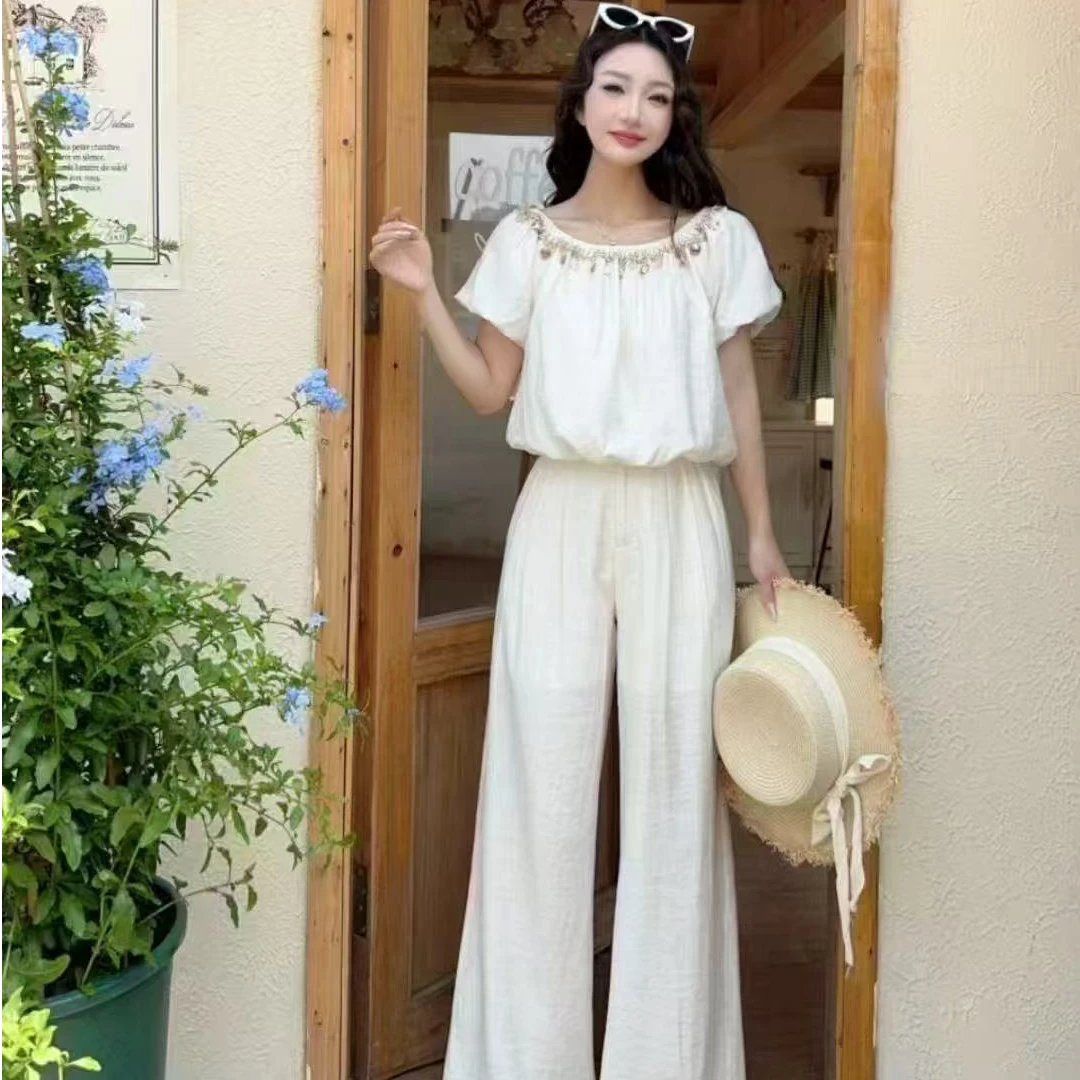 020度假风波西米亚薄牛仔上衣+气质薄款牛仔阔腿裤长裤夏季新款