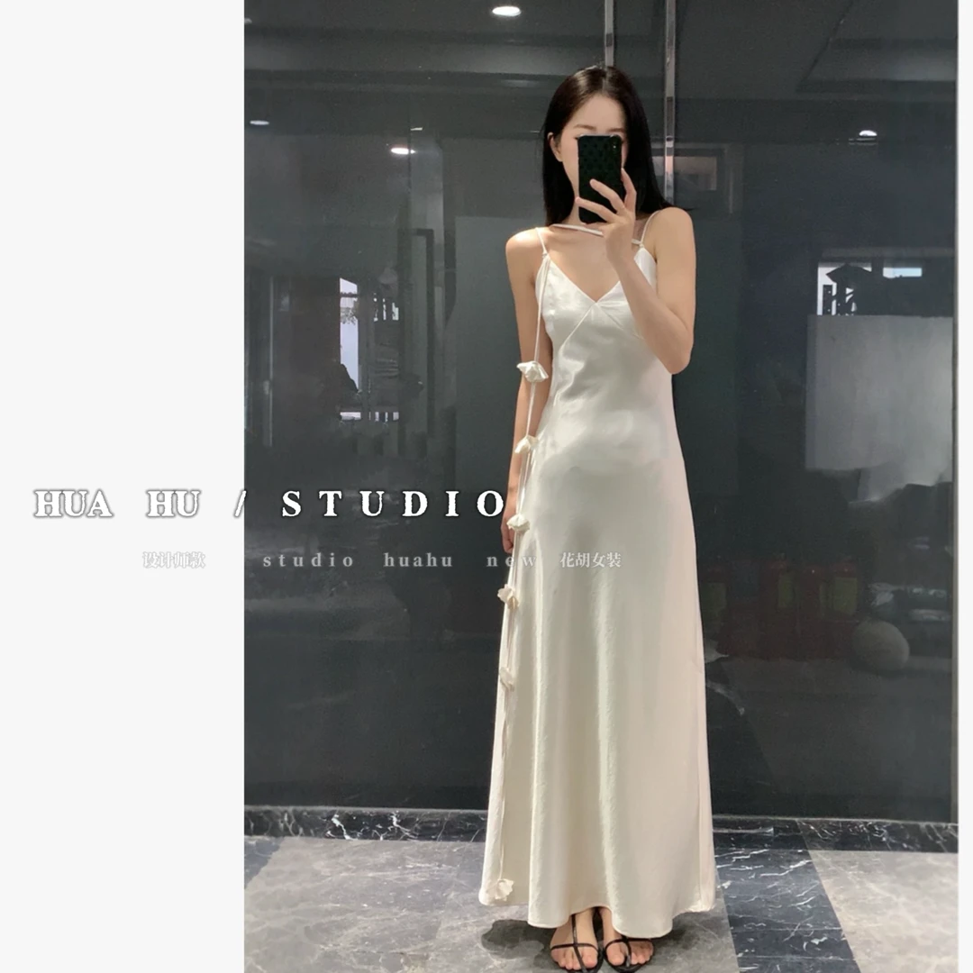 【夏花】缎面花片飘带连衣裙女夏系吊带长裙收腰显瘦气质L4102#