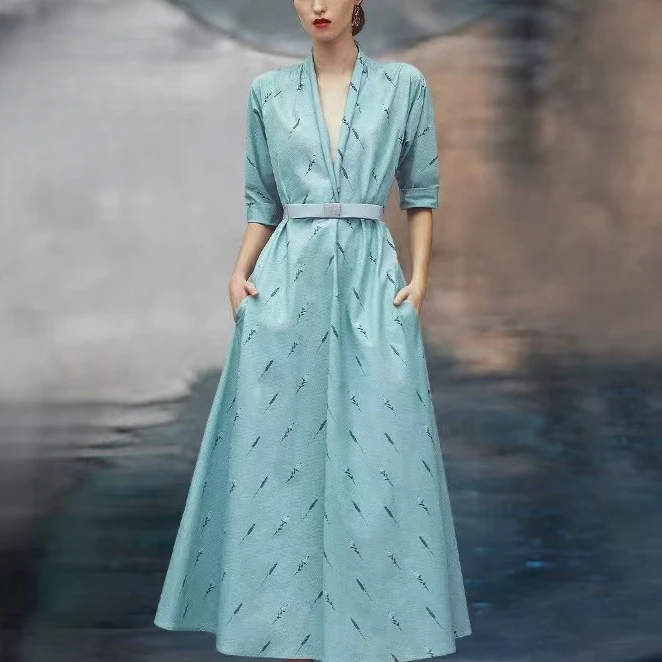 平凡高定！轻奢收腰气质显瘦V领中袖连衣裙S011（10杆）