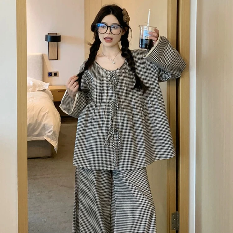 二小姐春秋薄款睡衣女麻宽松甜美小格子慵懒风家居服套装