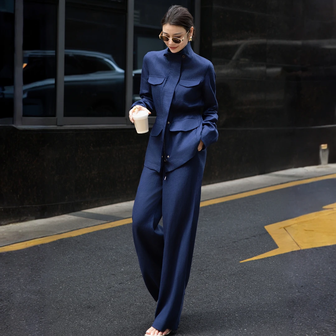 2025早秋新款高级感老钱风亚麻简约大气工装风外套阔腿直筒裤套装