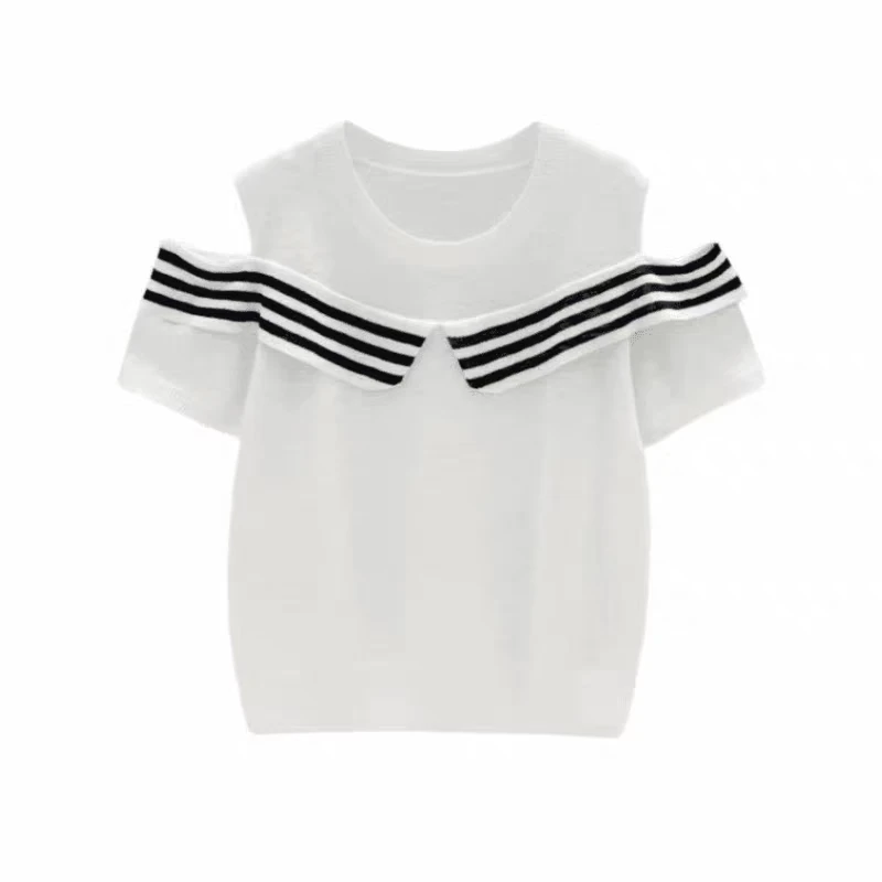 Nalian/拿恋豆子优选-夏季条纹设计感漏肩气质时尚针织衫 DZ98553