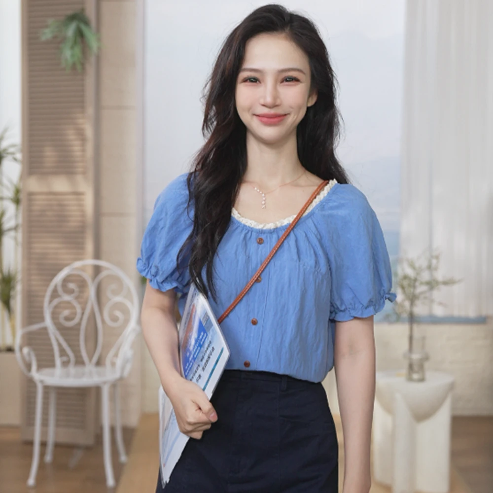 【年终狂欢购】茵曼夏季木耳领薄款衬衫时尚百搭宽松短袖衬衣