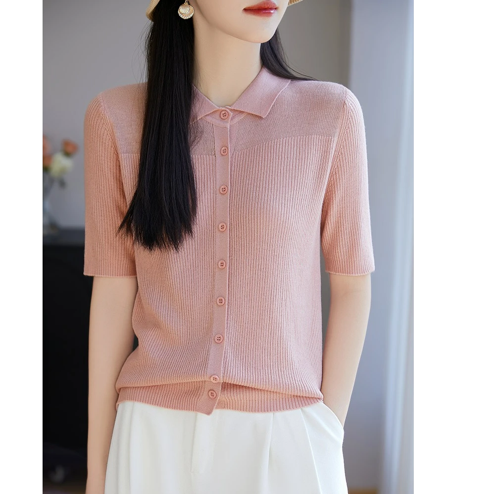 春夏Polo翻领精纺羊毛针织女宽松显瘦半袖纯色上衣