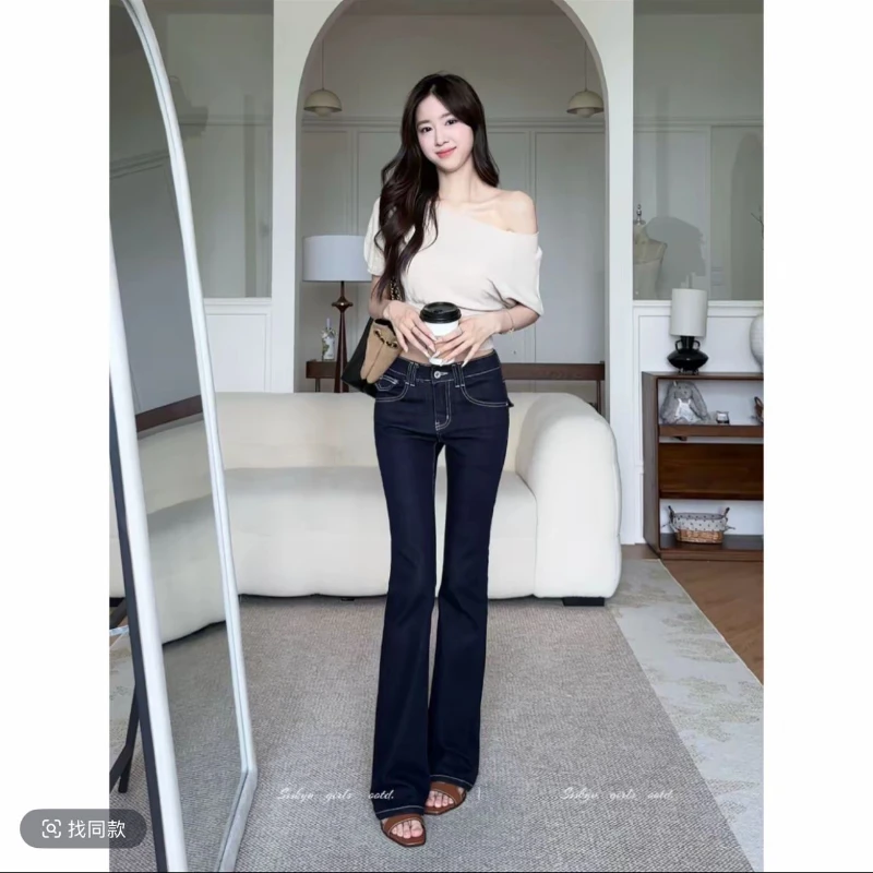 小兔泡花茶高智姐感原创设计秋冬新款中低腰微喇牛仔裤女显瘦