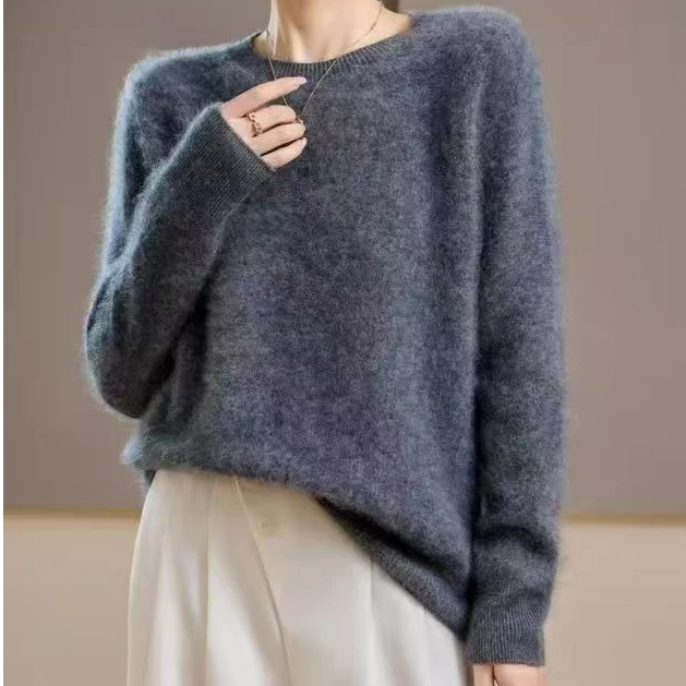 春秋新款拉毛水洗工艺云朵触感宽松百搭纯色羊绒打底毛衣女