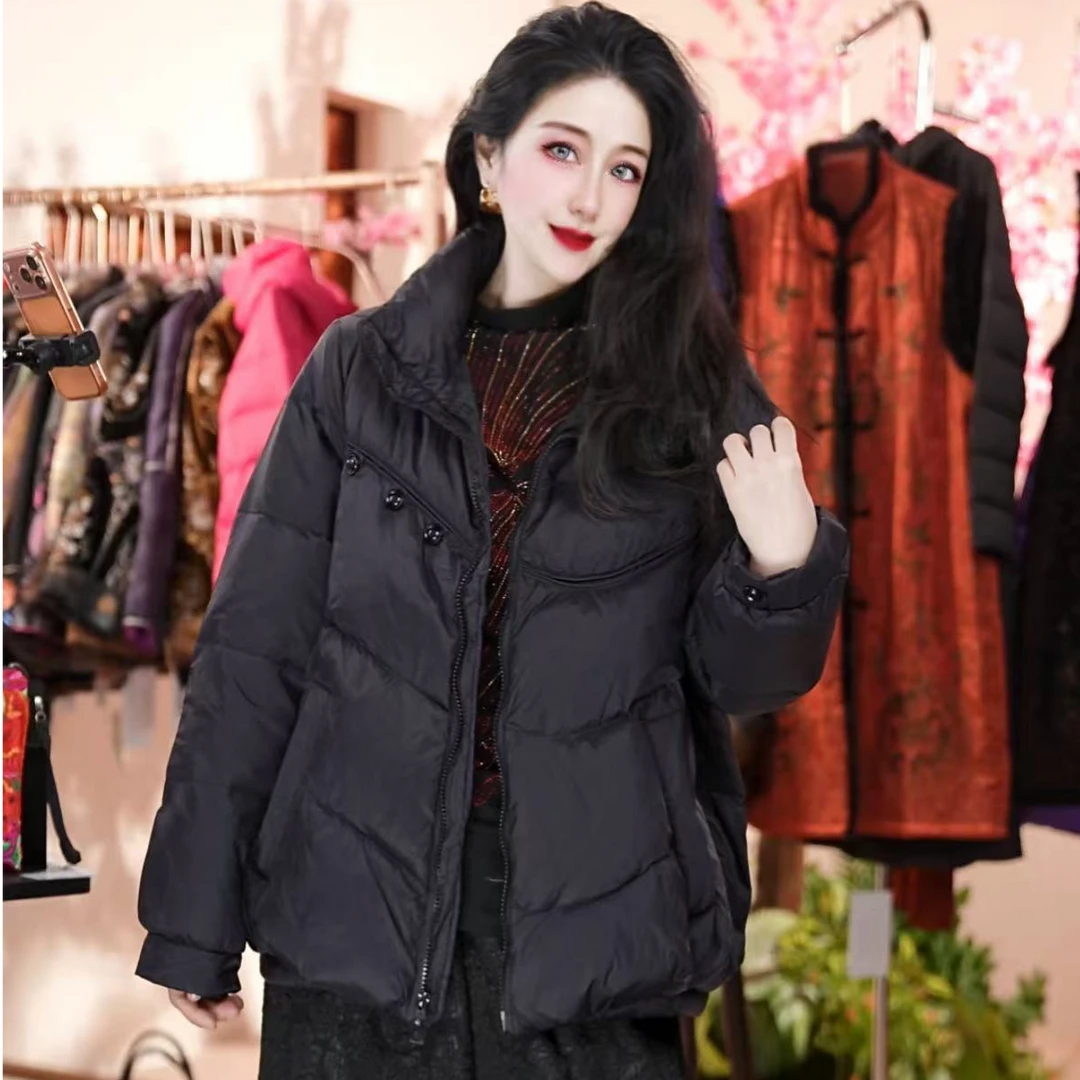 【白鸭绒羽绒服】冬季新款女短款宽松时尚立领羽绒外套