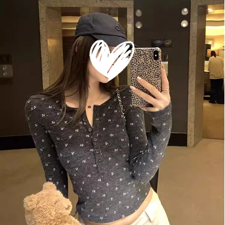 碎花半开领纽扣长袖T恤女秋冬磨毛打底衫内搭可外穿修身圆领上衣