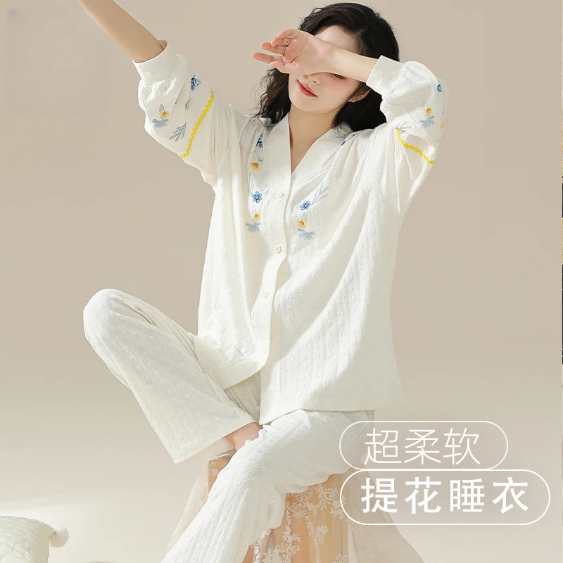 睡衣女2025新款纯棉长袖春夏季法式可外穿薄款大码宽松家居服套装