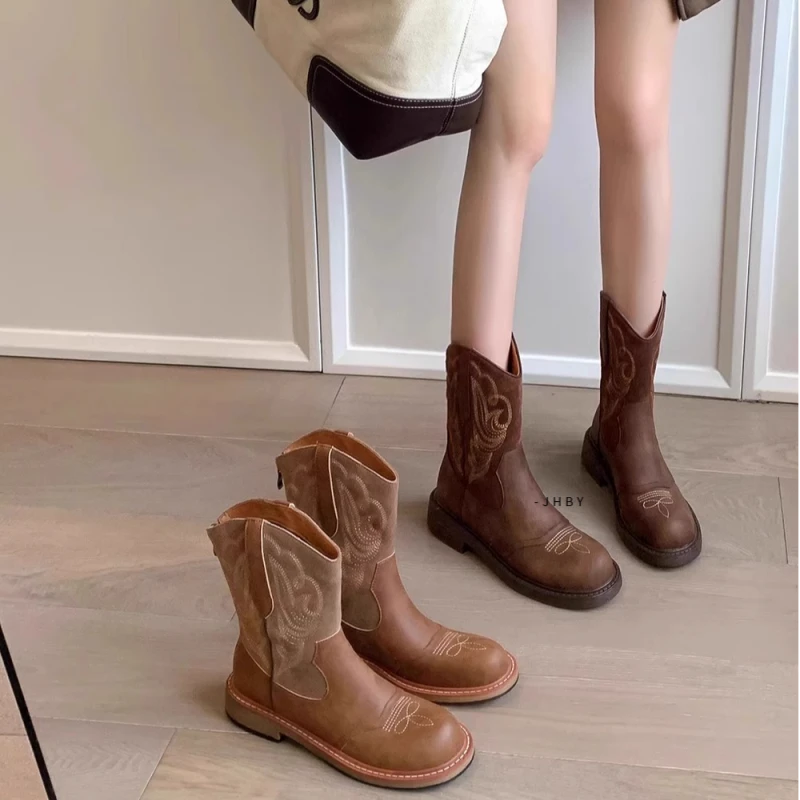 英伦风复古欧美刺绣西部牛仔靴女复古夏季骑士靴短靴民族风马丁靴