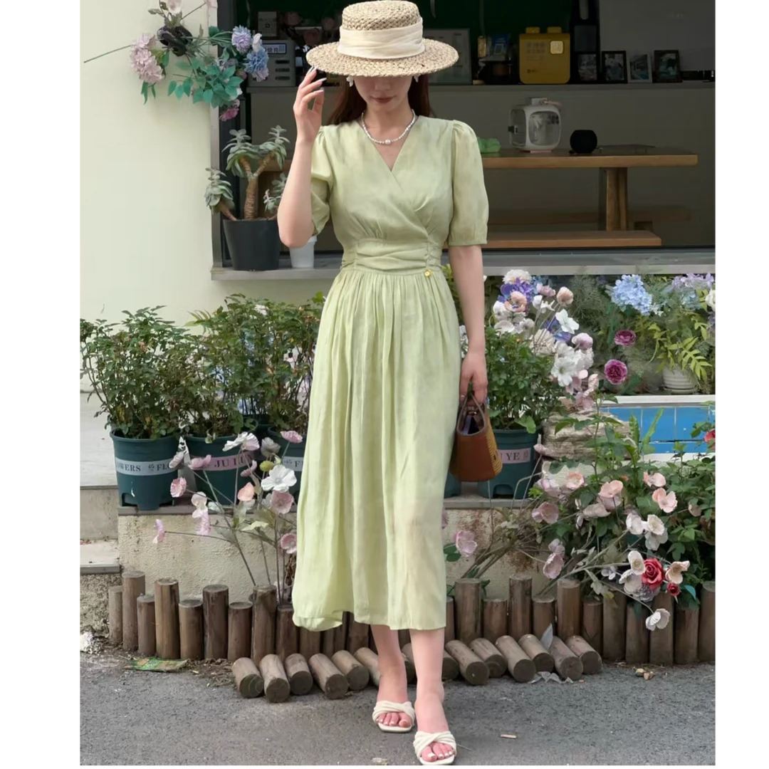 新款天丝连衣裙A字显瘦V领女装法式气质连衣裙MZQ