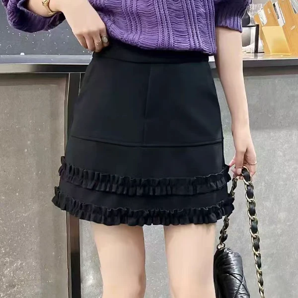 设计款双层木耳花边a字短裙2025秋冬新款高腰显瘦百搭打底半身裙