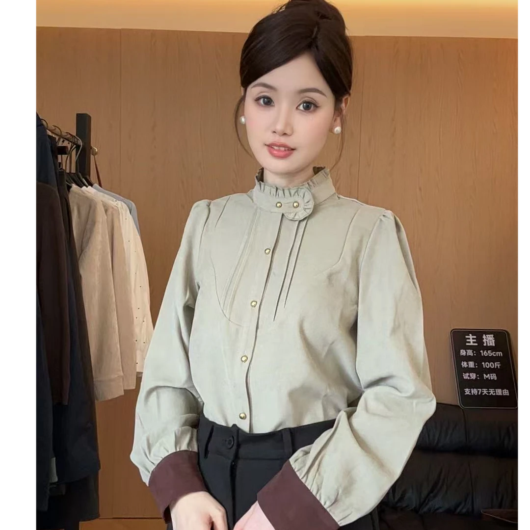 港风复古衬衫女秋冬季高级气质新款衬衣小众独特上衣
