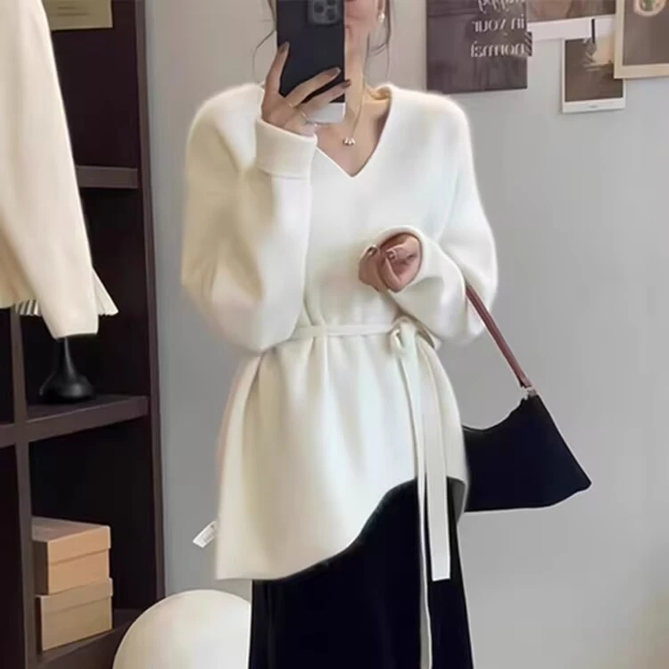 2025秋冬慵懒风系带收腰毛衣女美式秋季新款宽松显瘦百搭针织上衣