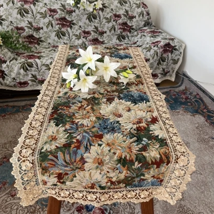 ZN107-14棉麻【60*150】彩菊水溶花边棉麻交织布桌布茶几布